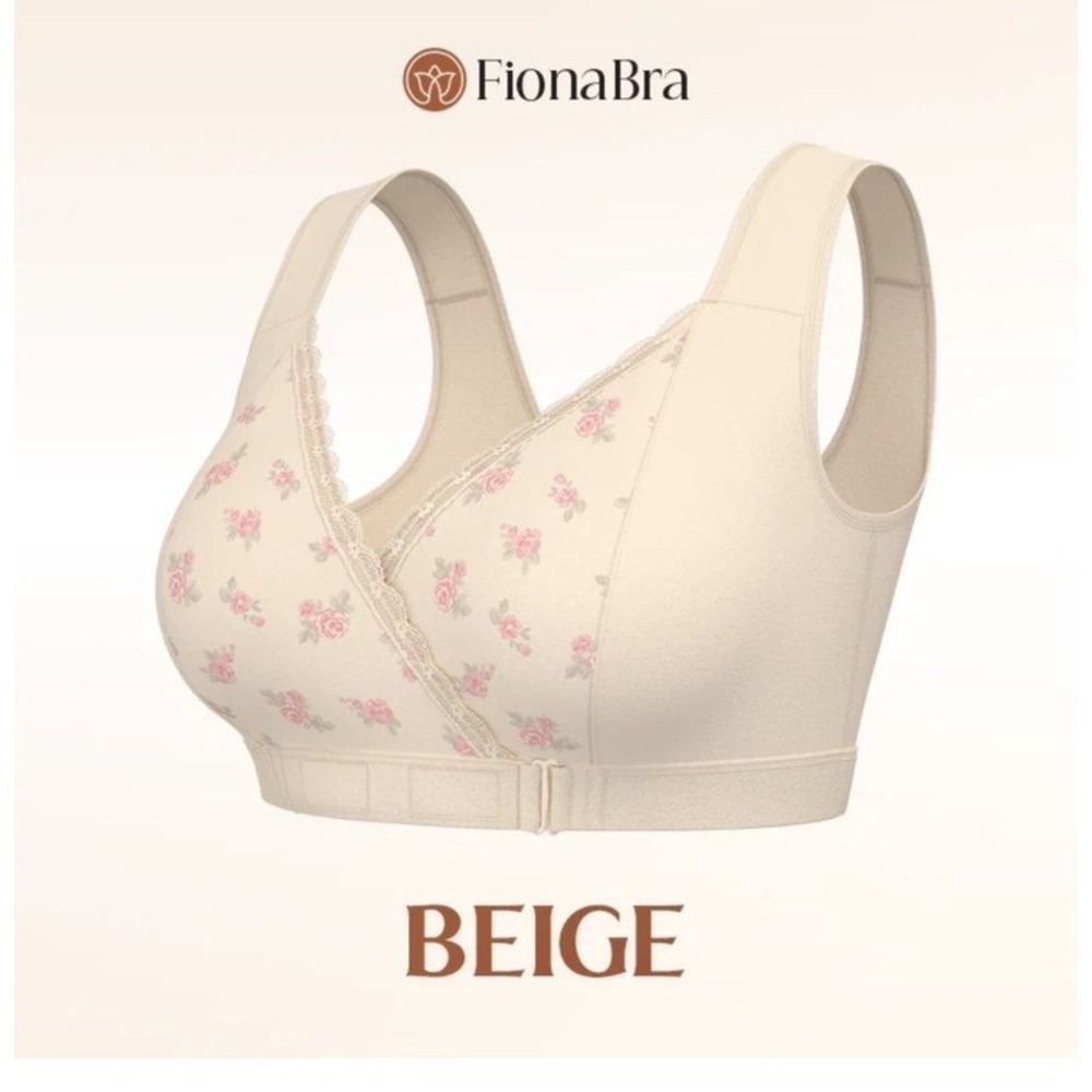 FionaBra‎ Wireless Comfort Bra Beige Pink Floral Front Adjust Wide Strap XL-UP